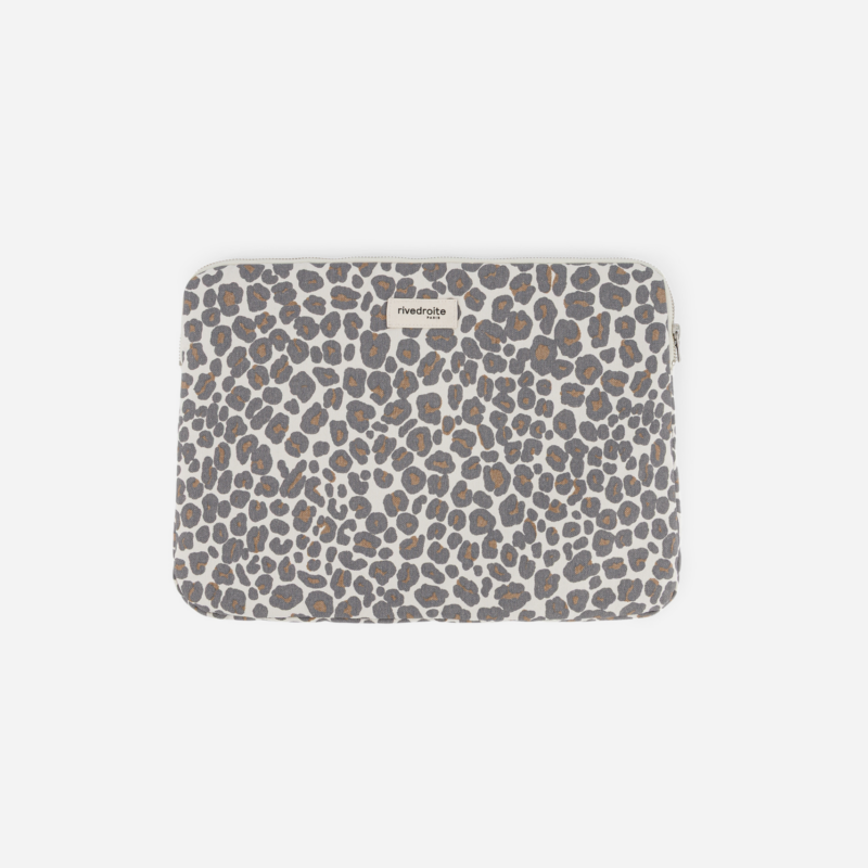 La housse d'ordinateur 15" - Vivienne - Polycoton recyclé Léopard Gris
