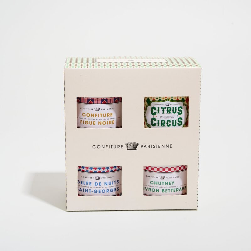 4 recettes : Figue poivre de Cassis, Orange confite extrait de Pin, Chutney Poivron Betterave, Gelée de Nuits Saint-Georges - Coffret Cadeau